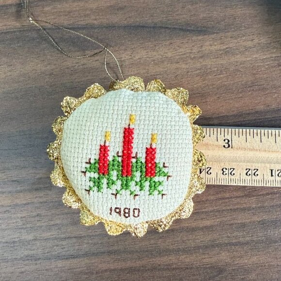 Vintage 1980 Cross-Stitch Christmas Ornaments Set Of 3 Gold Trim Candle Angel Tr - Picture 9 of 9